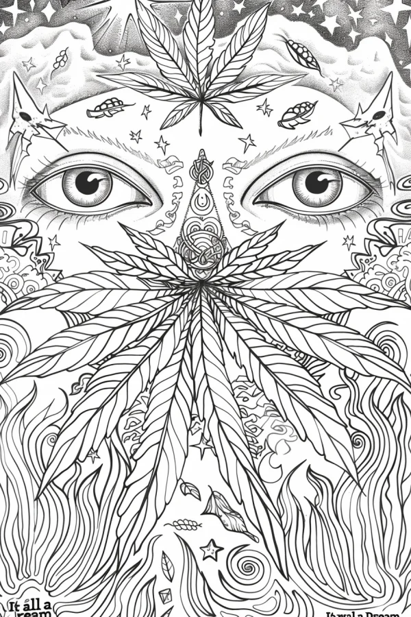 Psychedelic human eyes with cannabis leaves, abstract trippy style — free printable dreams coloring book page