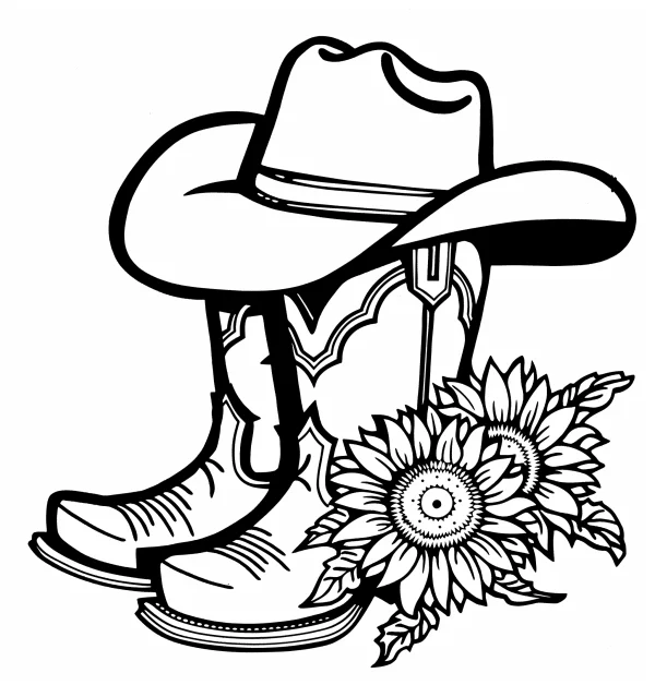 Cowboy boots with cowboy hat and sunflowers, western style — free printable western cowboy coloring book page