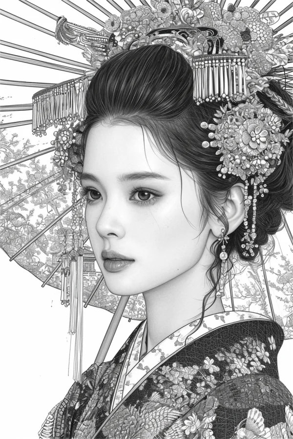 Japanese kimono woman with elaborate hair accessories and oiled paper umbrella, japanese style — free printable traditional culture coloring book page