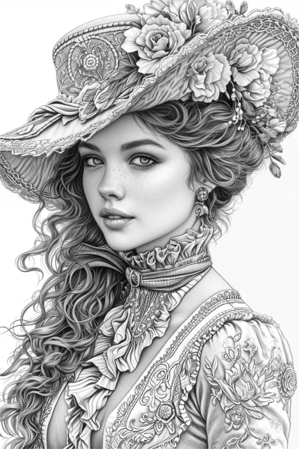 Victorian-style curly-haired woman wearing ornate wide-brimmed hat with roses and floral decorations, realistic line art — free printable victorian coloring book page