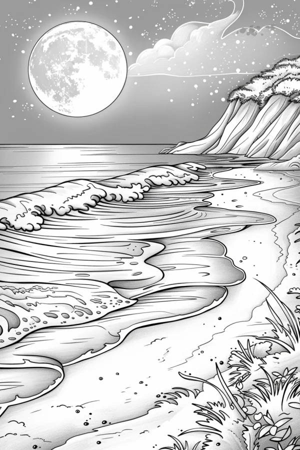 Night beach landscape with full moon, fine smooth organic lines — free printable night coloring book page