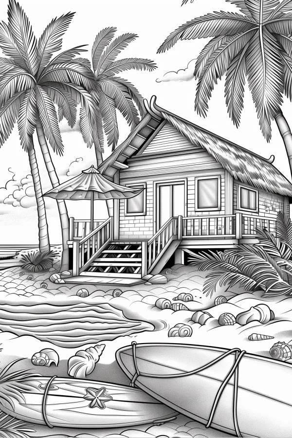 Beach vacation hut, realistic line art style — free printable beach vacation coloring book page