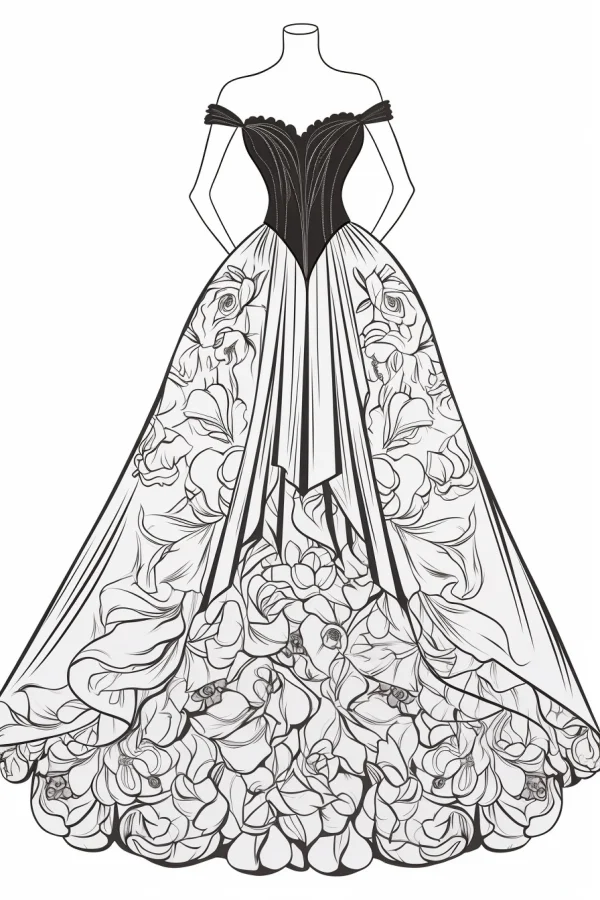 Coloring book page, off-the-shoulder floral ball gown on mannequin — free printable clothing coloring book page