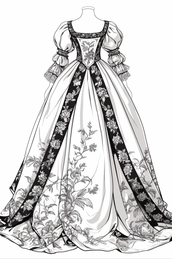 Vintage rococo-style floral court gown, rococo and retro art style — free printable clothing coloring book page