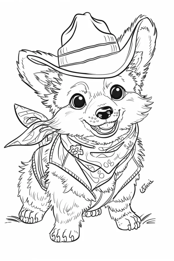 Corgi dog in cowboy outfit with cowboy hat, printed bandana and denim vest — free printable cowboy coloring book page