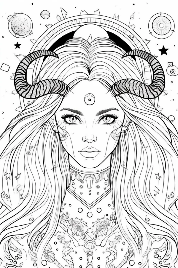 Mystical three-eyed girl with striped horns, fantasy style — free printable mystery coloring book page