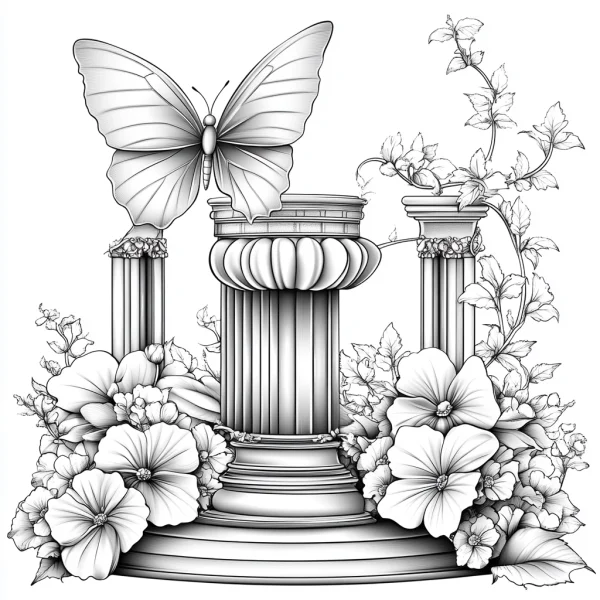 Coloring book page, classical columns paired with butterflies and flowers — free printable classical scene coloring book page