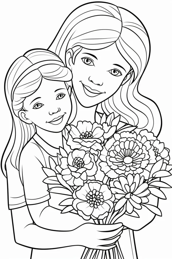 Mother and daughter holding a bouquet of flowers, cartoon style — free printable mother's day coloring book page