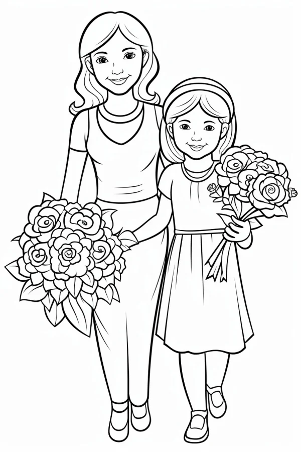 Mother and daughter holding rose bouquets, cartoon style — free printable mother's day coloring book page
