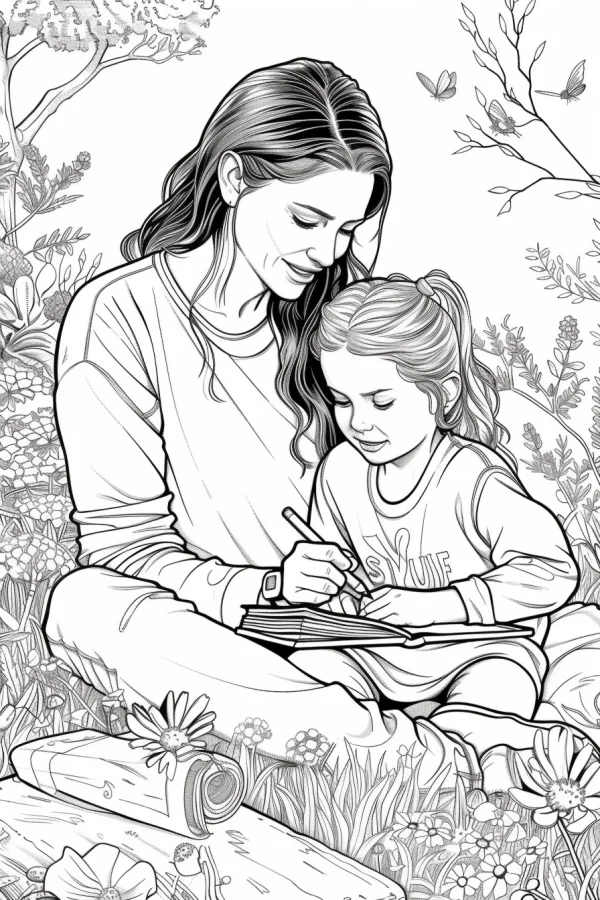 Mother and daughter drawing together outdoors in a meadow, realistic line art style — free printable parent-child coloring book page