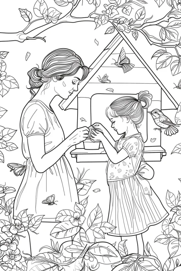 Mother and little girl feeding birds, illustration style — free printable parent-child coloring book page