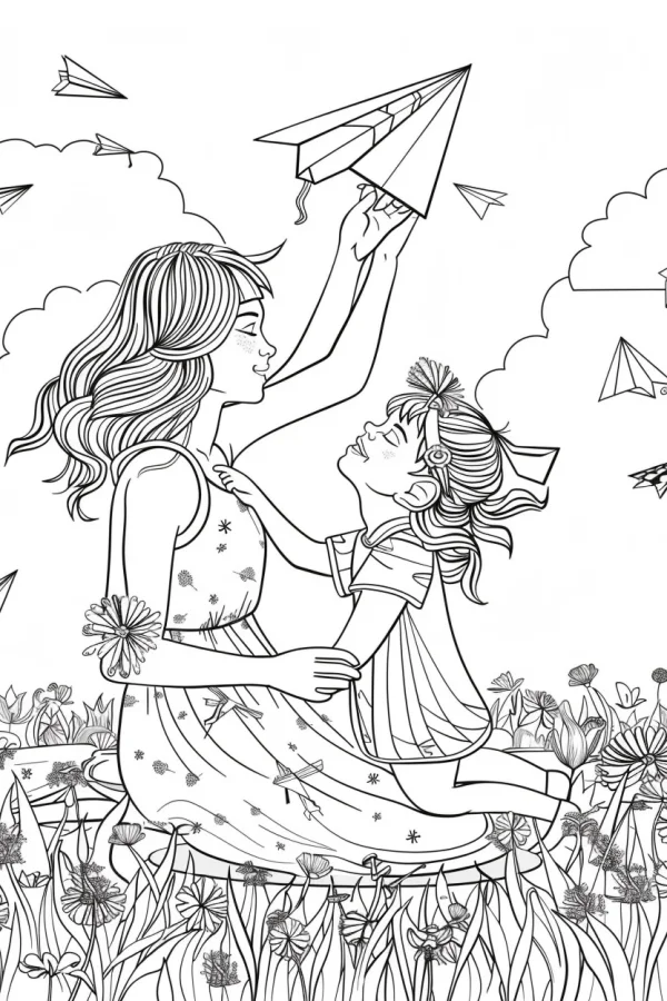 Mother and daughter playing with paper airplanes, cartoon style — free printable parent-child coloring book page