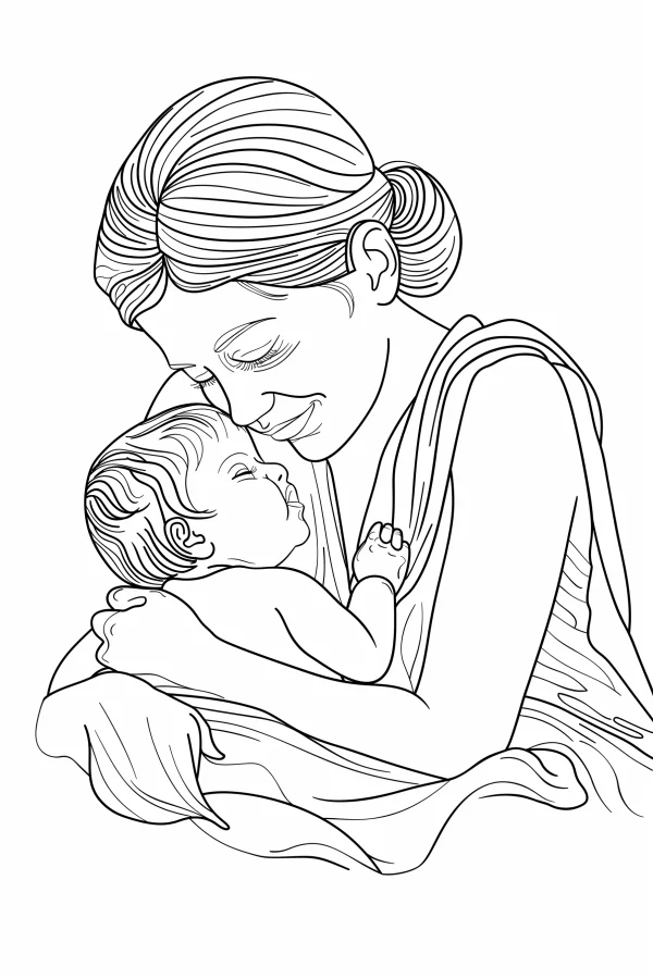 Mother holding baby, sketch art style — free printable mother's day coloring book page