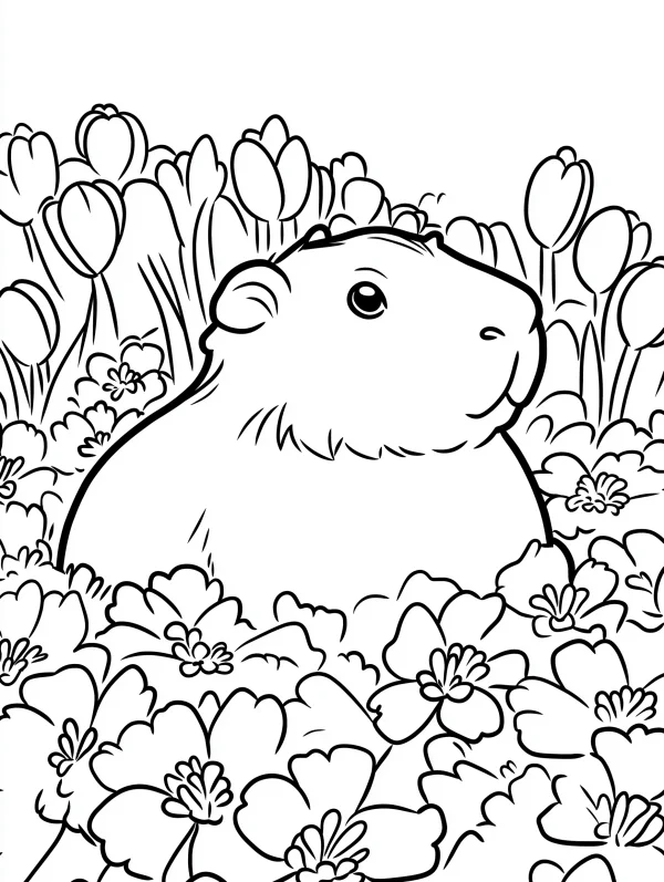 Cute guinea pig nestled in flower field, cartoon style — free printable flower season coloring book page
