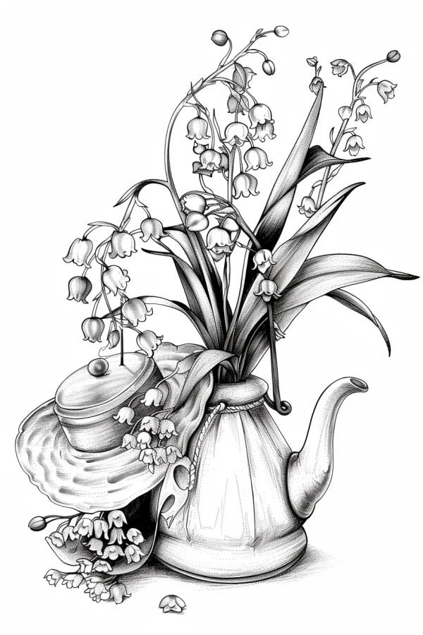 Lily of the valley flowers with a vintage teapot, realistic sketch style — free printable still life coloring book page