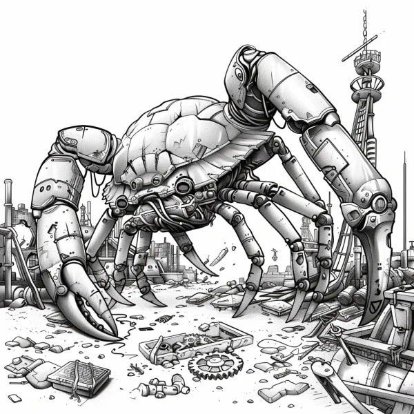 Mechanical crab, sci-fi and mechanical style — free printable wasteland coloring book page