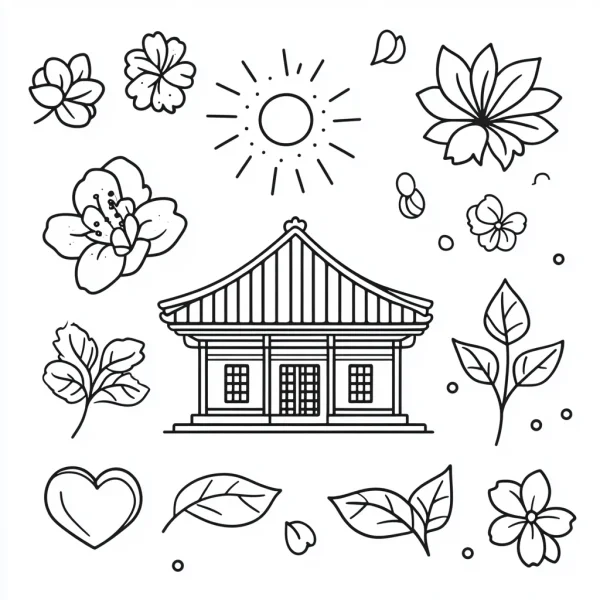Traditional korean house surrounded by various flowers, leaves — free printable korean style coloring book page