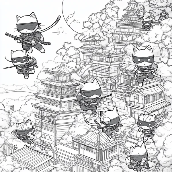 Multiple cute anthropomorphic ninja cats with katanas and shurikens, cartoon style — free printable ninja coloring book page