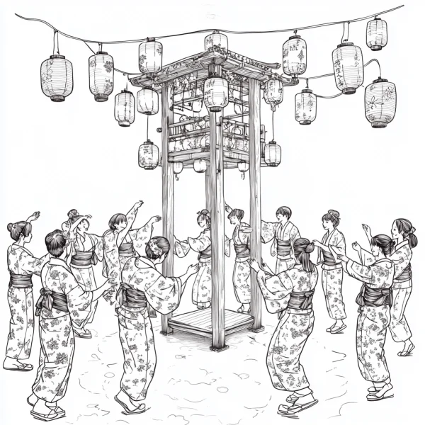 Group of people in traditional kimono dancing around a festival lantern stand, japanese style — free printable obon festival coloring book page