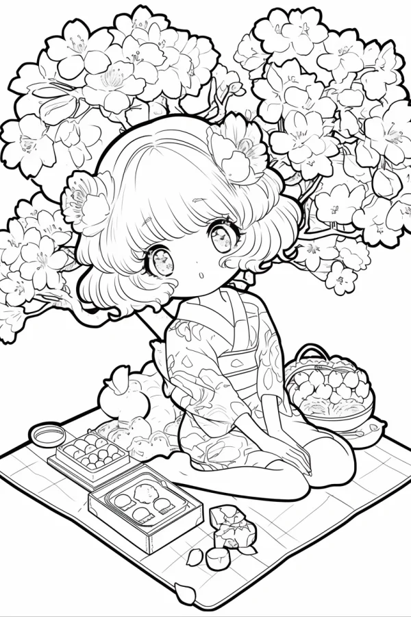 Cartoon girl in kimono having a picnic under cherry blossom tree, japanese anime style — free printable flower season coloring book page