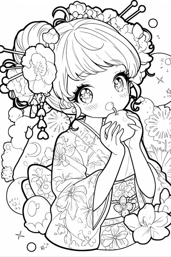 Cute chibi girl in kimono with floral hair accessories, japanese cartoon style — free printable other coloring book page