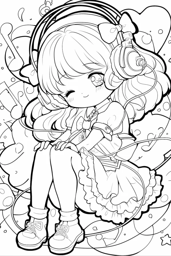 Cute chibi cartoon girl wearing headphones, surrounded by musical notes — free printable cartoon characters coloring book page