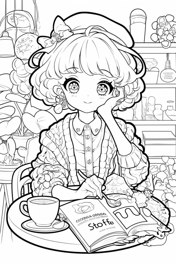 Cute curly-haired girl with beret sitting at a cafe table, anime cartoon style — free printable cafe coloring book page