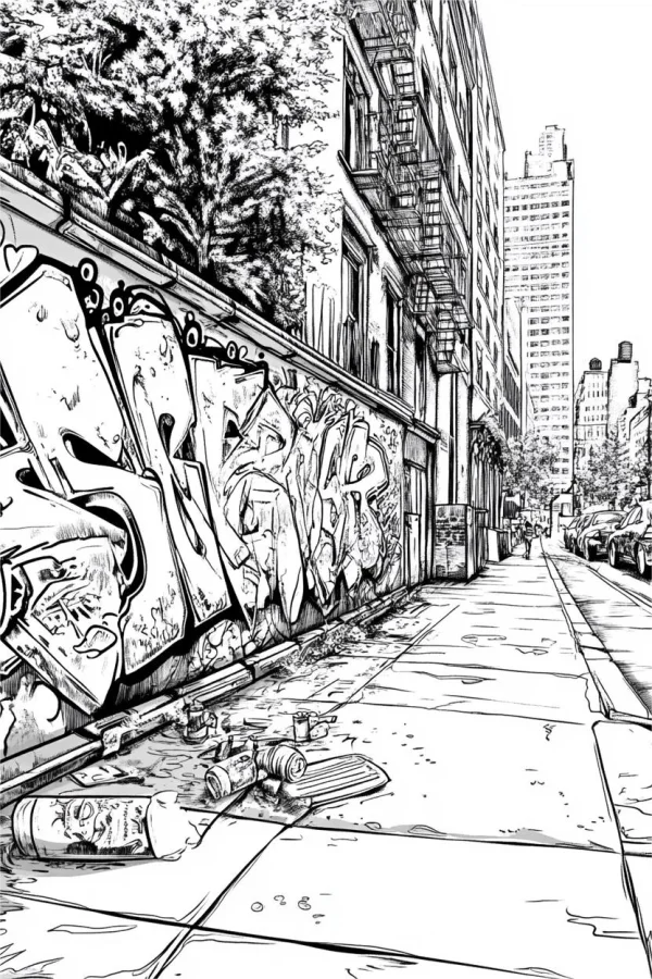 Urban street scene with graffiti wall on sidewalk, apartment buildings with fire escapes — free printable graffiti art coloring book page