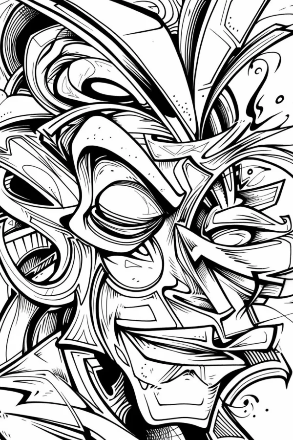 Abstract graffiti-style face, street art style — free printable character theme coloring book page