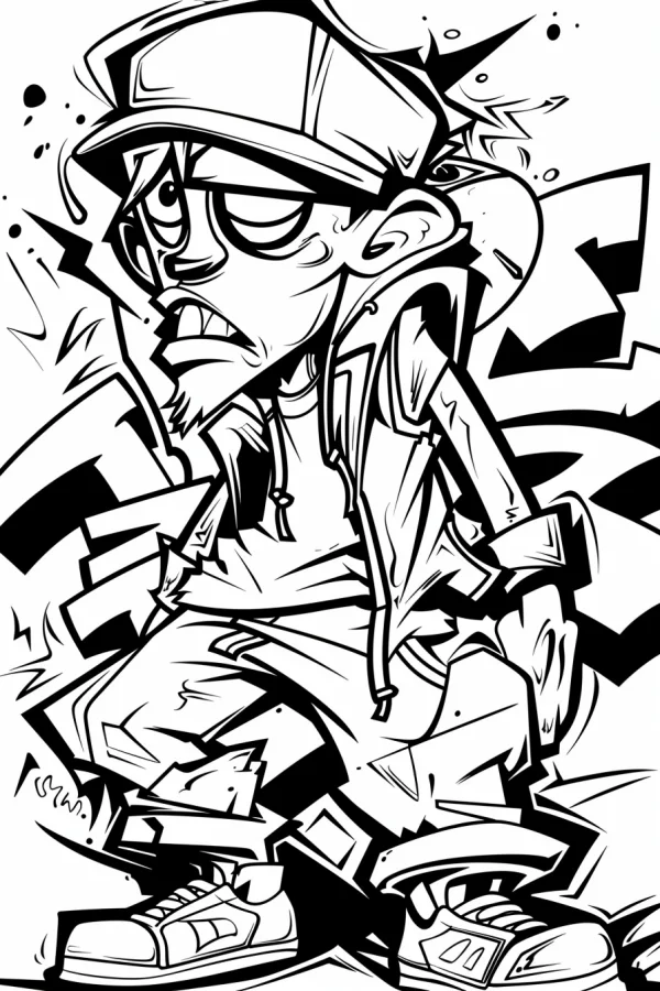 Hip-hop style cartoon character, graffiti and cartoon art style — free printable hip hop coloring book page