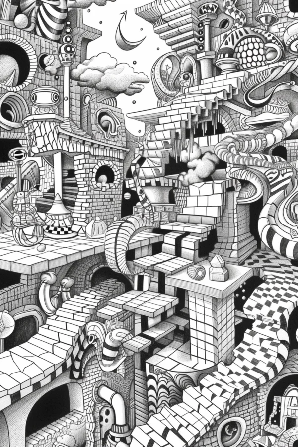 Coloring book page, surreal fantasy architecture complex — free printable surreal coloring book page
