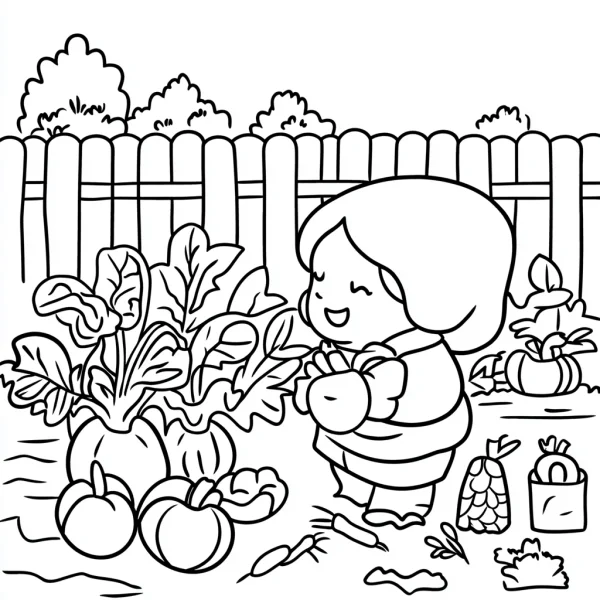 Cute cartoon kid in vegetable garden, cartoon style — free printable children's life coloring book page