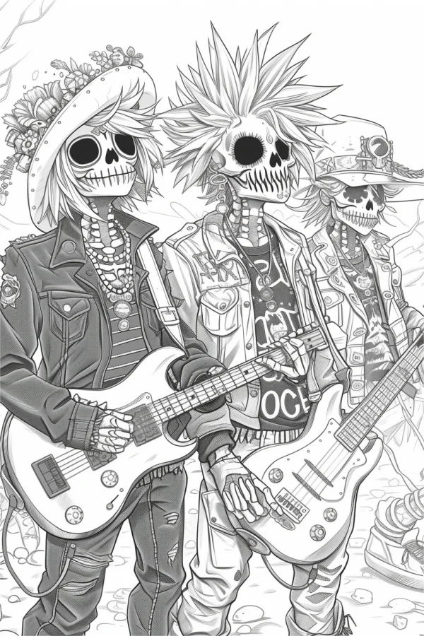 Coloring book page, punk-style skeleton band with electric guitars — free printable punk coloring book page