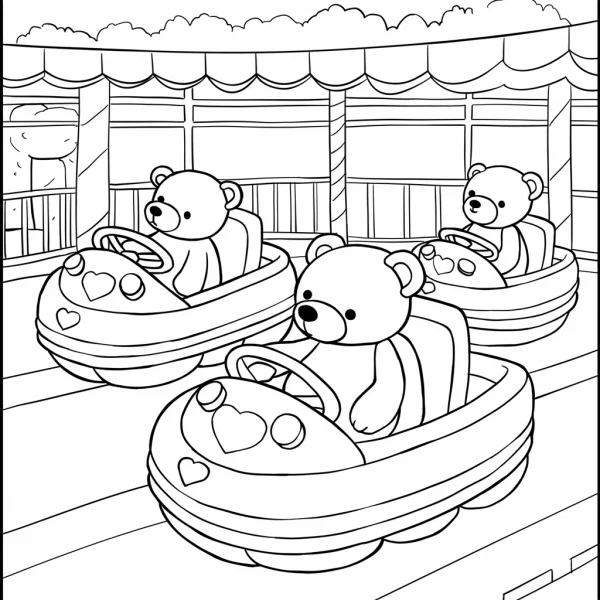 Cute teddy bears riding bumper cars, cartoon style — free printable entertainment coloring book page