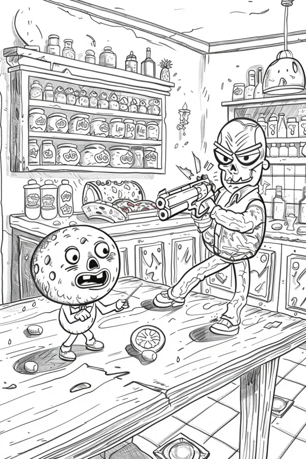 Cartoon skeleton man holding revolver confronting anthropomorphic orange character in a kitchen with cabinets, jars — free printable humor coloring book page