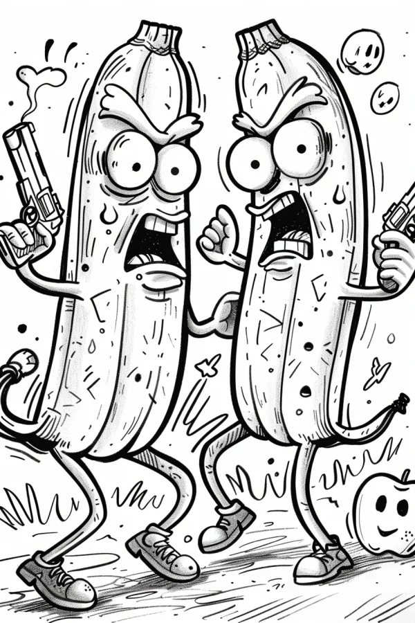 Anthropomorphic bananas holding guns, cartoon style — free printable humor coloring book page