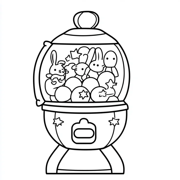 Gumball machine filled with cute bunny plush toys and decorated eggs, cartoon style — free printable toys coloring book page