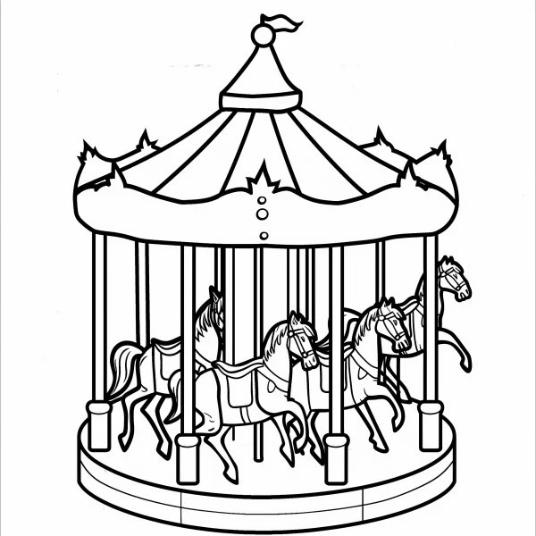 Carousel with multiple horses, cartoon style — free printable entertainment coloring book page