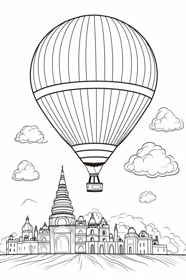 Hot air balloon over southeast asian ancient buildings, realistic line art — free printable southeast asia coloring book page
