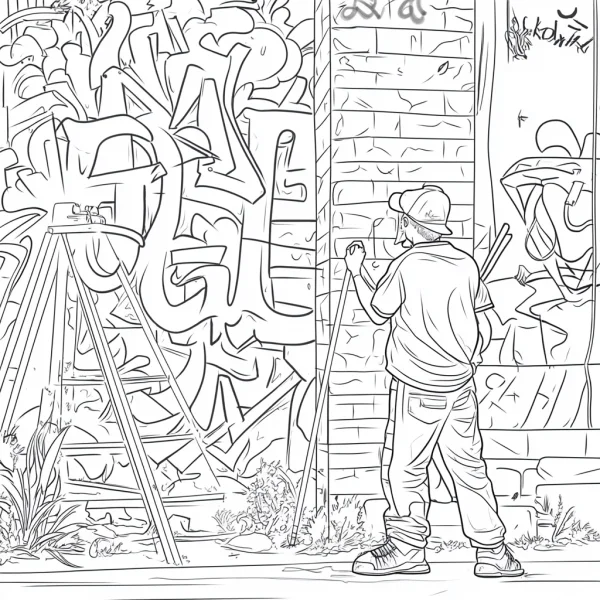 Coloring book page, graffiti artist painting on brick wall — free printable graffiti art coloring book page