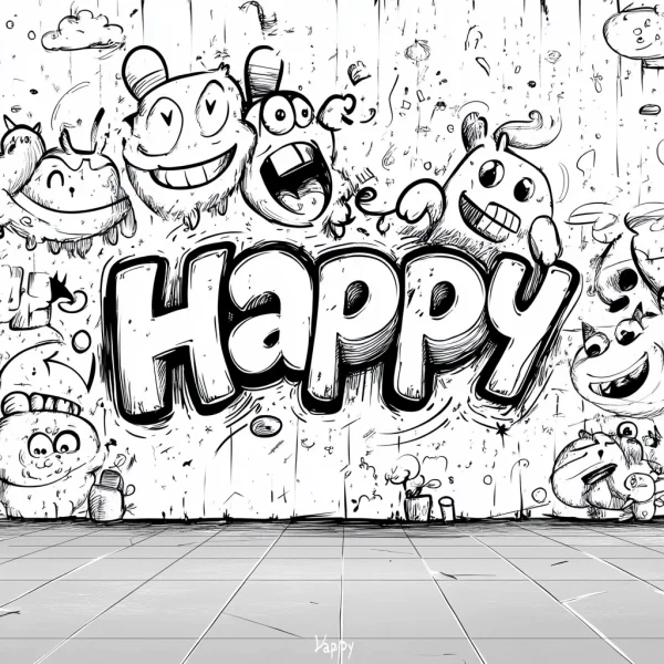 'happy' graffiti-style lettering surrounded by cute cartoon monsters, doodle cartoon art style — free printable joy coloring book page