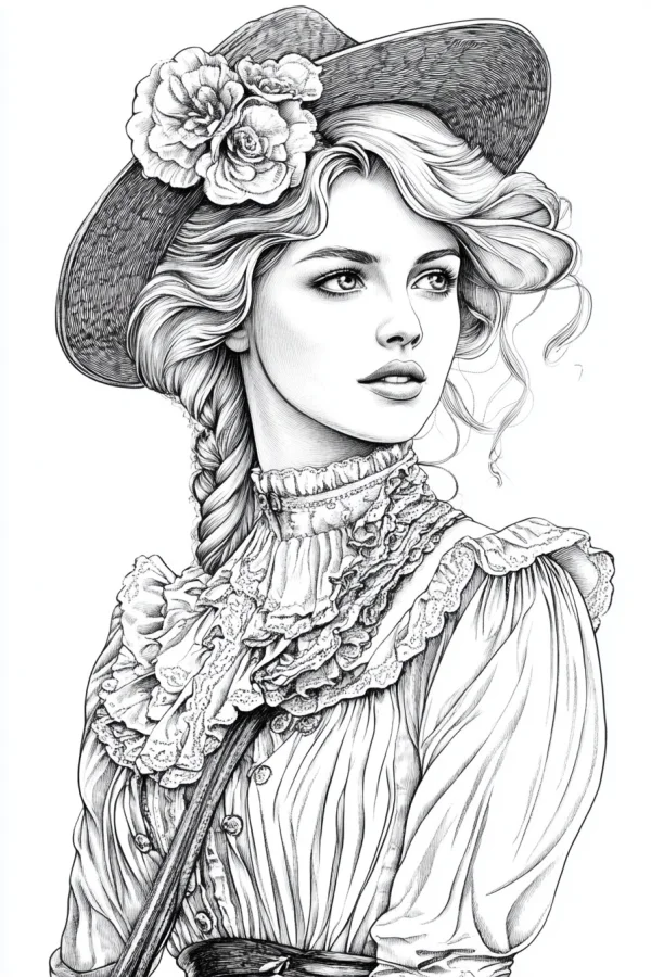 Coloring book page, vintage victorian woman with flowered wide-brimmed hat and braided curly hair — free printable victorian coloring book page
