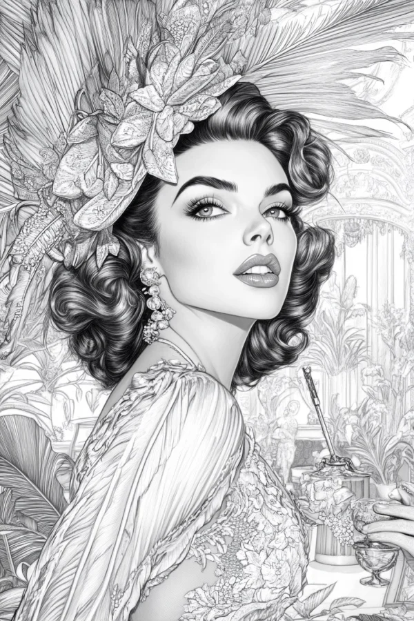 Vintage fashion woman with curly hair and decorative hat, retro realistic illustration style — free printable portrait coloring book page