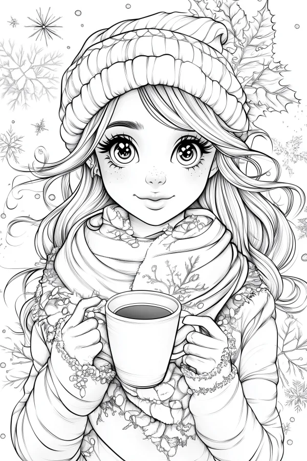 Cute winter cartoon girl holding a hot drink mug, cartoon style — free printable daily leisure coloring book page