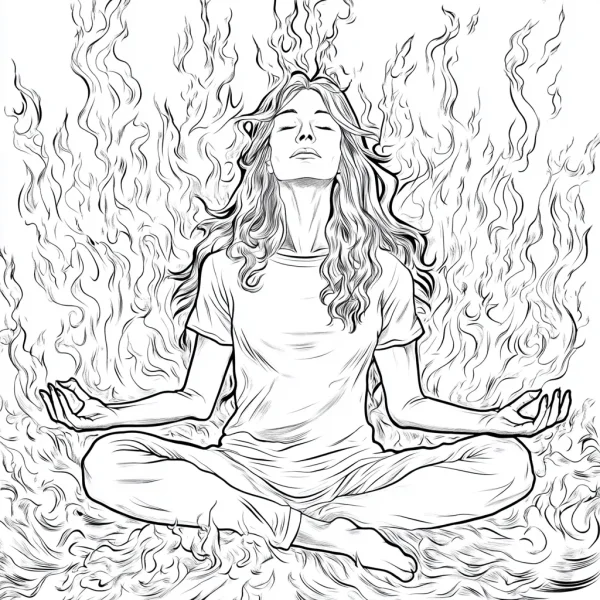 Meditating woman in cross-legged position, sketch style — free printable meditation coloring book page