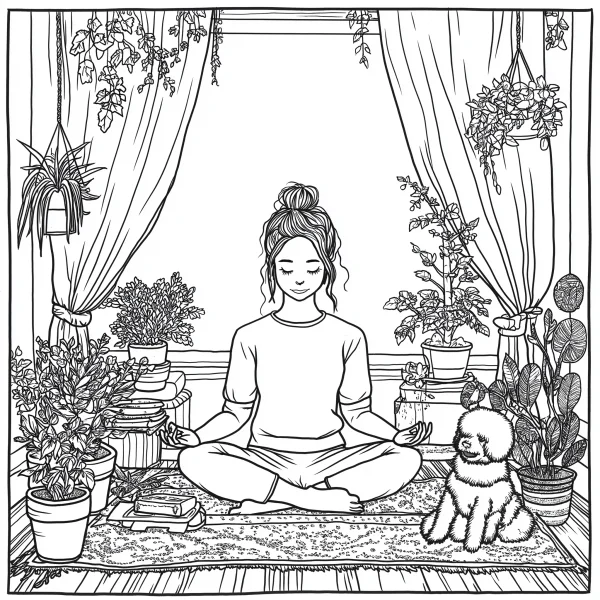 Girl meditating in yoga pose with a fluffy poodle, cozy home interior filled with various potted plants and hanging vines — free printable yoga coloring book page