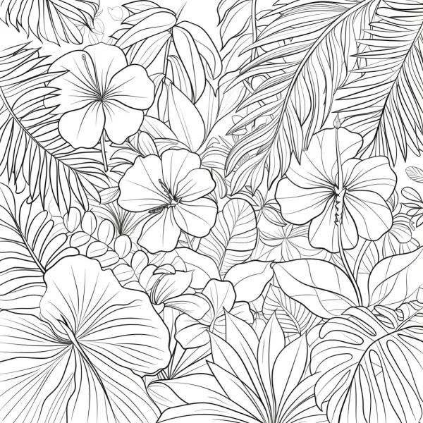 Tropical hibiscus flowers with various tropical leaves including monstera and palm leaves, realistic line art style — free printable tropical plants coloring book page