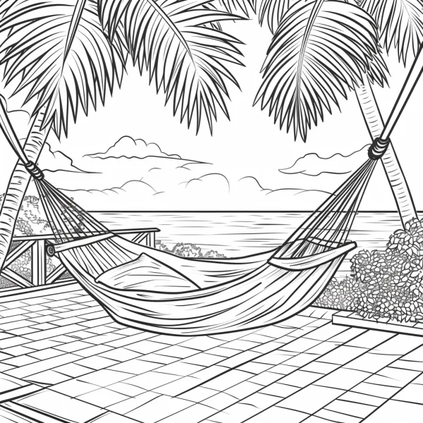 Hammock on seaside terrace with palm trees, realistic illustration style — free printable tropical plants coloring book page