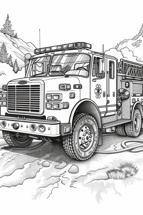 Mountain fire truck, realistic style — free printable career theme coloring book page