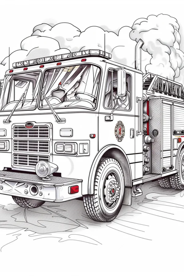 Fire truck, realistic illustration style — free printable firefighters coloring book page